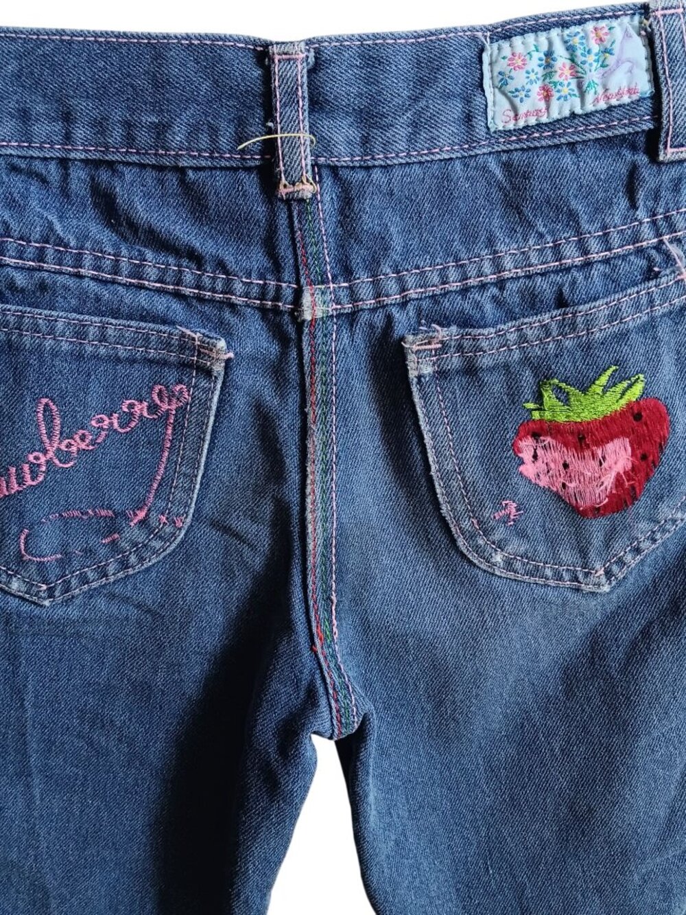 Vintage 1970's Girls Jeans  5 20x18 SLIM Denim Embroidered Disco Pockets Berries